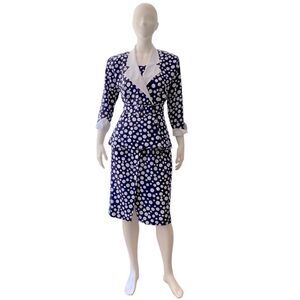 Vintage 50s Structured Skirt Set Peplum Waist Blue Polka Dot Wide Lapel Collar